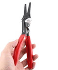 Hand holding Automotive Hose Removal Pliers for Fuel and Vacuum Lines, features red rubber grips, sturdy steel construction for hose disassembly