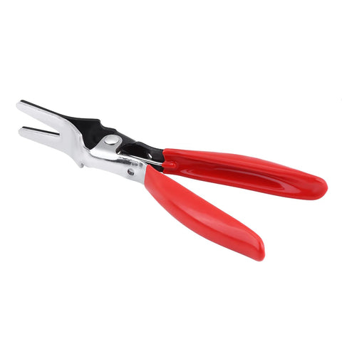 Automotive Hose Removal Pliers For Fuel And Vacuum Lines Stubborn Hose Separator Tool with red rubber grips, side view