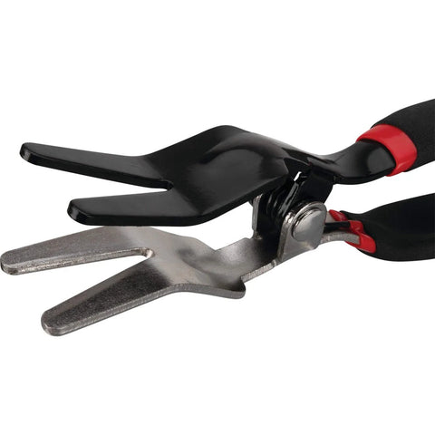 Close-up of heavy-duty steel hose removal pliers with cushion grip handles for fuel, vacuum, and heater hoses, 5/32 to 1/2 inch capacity