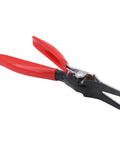 Automotive Hose Removal Pliers with red rubber grips for quick disassembly of fuel and vacuum lines, tough and durable tool.