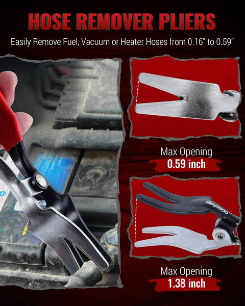 8 Piece Hose Clamp Pliers Set With Hose Pinch Off And Hose Removal Pliers for auto hose removal shown with specifications
