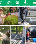 Collage of garden hose quick connect fittings used for gardening, house cleaning, pet bathing, garage cleaning, and car washing.