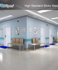 Hospital corridor with blue tacky sticky mats at entrances, Sticky Mat 18 x 24 Inches For Cleanroom Lab Hospital Construction And Pets