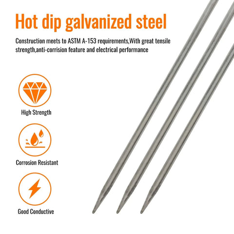 Three hot dip galvanized steel rods showing high strength, corrosion resistance, and conductivity, per ASTM A153.