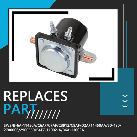 Hot Rod Starter Relay Solenoid 12V 4-Terminal Heavy Duty SW3 For 1956 Up Truck Starters Replaces B-6A-11450A C6AF C7AF C3912 C9AF D2AF11450AA 50-430 Black, front view.