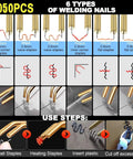 Hot Stapler Plastic Repair Welder Kit for Car Bumpers and Cracked Plastic Parts with 6 staple types, ergonomic use steps shown.