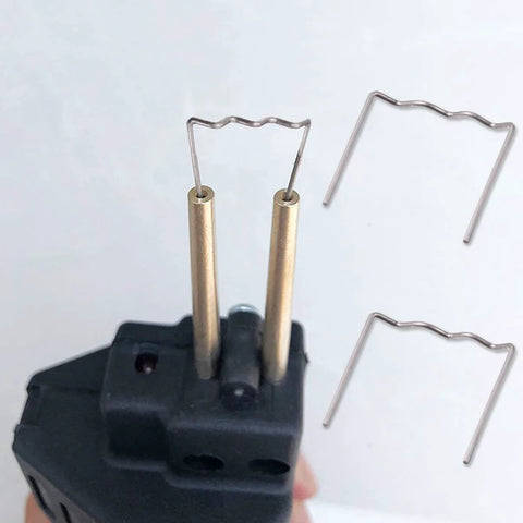 Close-up of Car Bumper Staples Kit For Auto Body Repair 500Pcs pre-cut wave staples, shown with hot stapler welding tool.