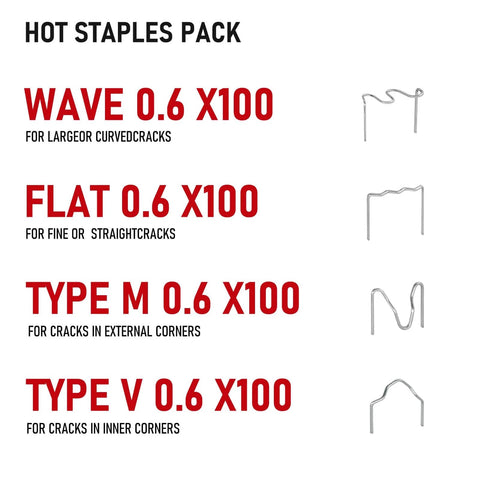 Image showing hot staples pack types and uses from Two In One Plastic Welder Kit With Soldering Iron And 400 Piece Hot Staples And Rods