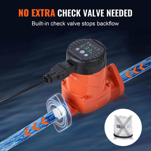 High Efficiency Hot Water Recirc Pump 16 GPM 110V 42W With 1 Inch NPT Flange For Home Water Heater System EMC Auto Circulation VEVOR 007E2F2, showing built-in check valve.