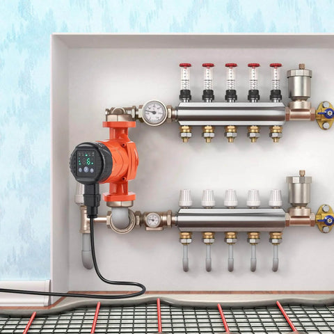High Efficiency Hot Water Recirc Pump 16 GPM 110V 42W with 1 Inch NPT Flange for home water heater system, installed view