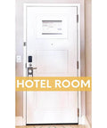 Hotel room door with a three-pack of 4.5 inch heavy duty commercial self closing door hinges in stainless steel with a satin brushed finish.