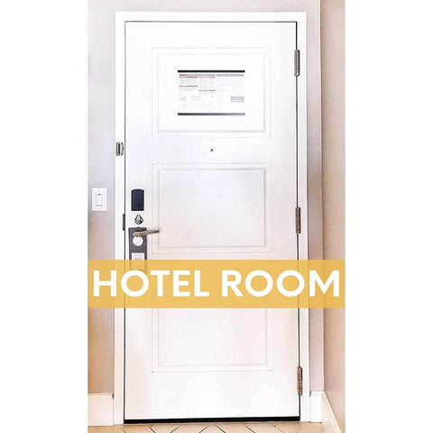 Hotel room door with a three-pack of 4.5 inch heavy duty commercial self closing door hinges in stainless steel with a satin brushed finish.