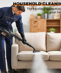 Person using large chemical resistant latex gloves 10 pairs heavy duty dishwashing gloves while cleaning a couch with steam cleaner