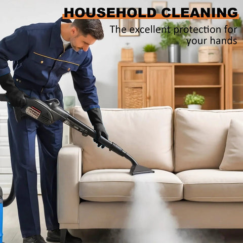 Person using large chemical resistant latex gloves 10 pairs heavy duty dishwashing gloves while cleaning a couch with steam cleaner
