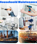 Collage of household maintenance tools and industrial scenes, featuring drills in use, an office, a factory, and a shipping port at sunset.