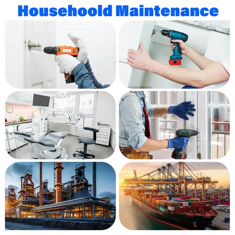 Collage of household maintenance tools and industrial scenes, featuring drills in use, an office, a factory, and a shipping port at sunset.