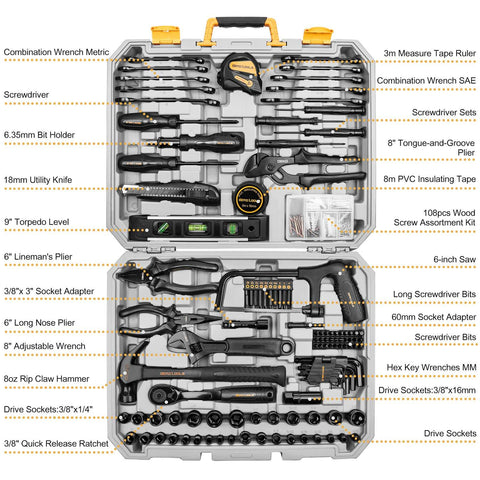 218 Piece General Household Tool Kit With Pliers, Screwdrivers, Socket Set And Portable Case For Auto Repair And Home Projects