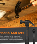 Close-up of a DEKO nail hammer in use, featuring a black handle, from the 218 Piece General Household Tool Kit With Pliers, Screwdrivers, Socket Set And Portable Case For Auto Repair And Home Projects, Pro Grade Chrome Vanadium Tools, Durable All In One DIY Ready Kit.