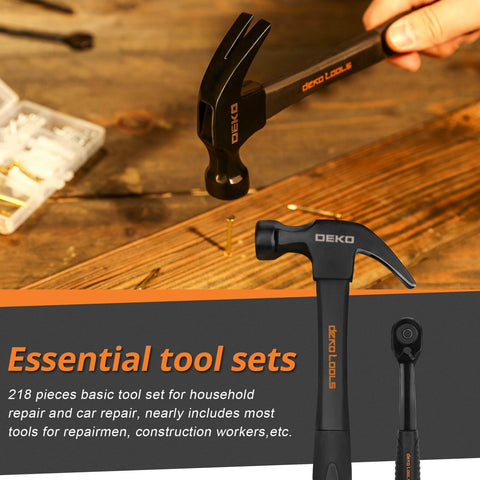 Close-up of a DEKO nail hammer in use, featuring a black handle, from the 218 Piece General Household Tool Kit With Pliers, Screwdrivers, Socket Set And Portable Case For Auto Repair And Home Projects, Pro Grade Chrome Vanadium Tools, Durable All In One DIY Ready Kit.