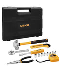 65 Piece General Household Tool Set With Durable Chrome Finish Hand Tools In Portable Blow Molded Storage Case For Home DIY Projects Anti Corrosion Steel Meets ANSI Standards, includes hammer, pliers, sockets, and measuring tape in black case.
