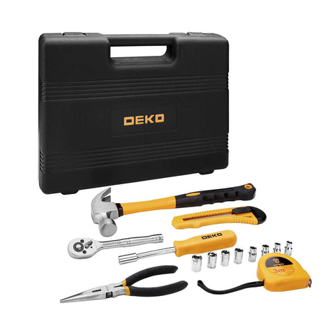 65 Piece General Household Tool Set With Durable Chrome Finish Hand Tools In Portable Blow Molded Storage Case For Home DIY Projects Anti Corrosion Steel Meets ANSI Standards, includes hammer, pliers, sockets, and measuring tape in black case.