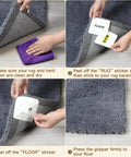 Installation steps of eight piece non slip rug pad grippers for hardwood floors, showing corner grippers securing area rugs with strong grip edges.