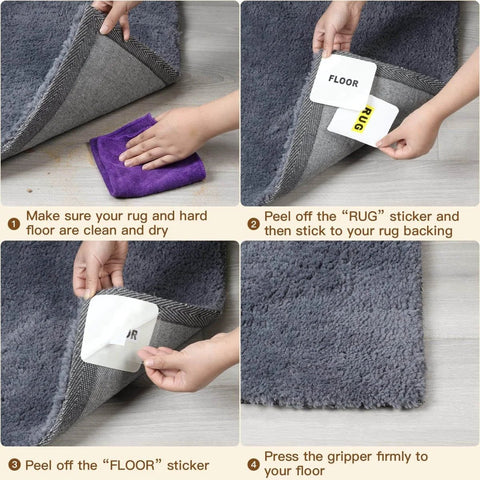 Installation steps of eight piece non slip rug pad grippers for hardwood floors, showing corner grippers securing area rugs with strong grip edges.