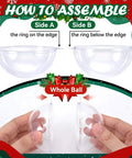 12 Pack Clear Plastic Fillable Ornament Ball 3.15''/80mm assembly instructions with hands holding two halves to form complete sphere.