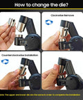 Instructional image showing steps to change die, with clockwise removal and counterclockwise installation of die component.