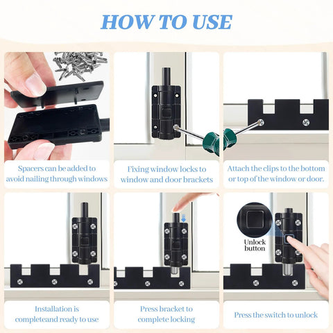 Sliding Glass Door Lock Set For Child Safety And Extra Security, showing installation steps on aluminum and vinyl frames