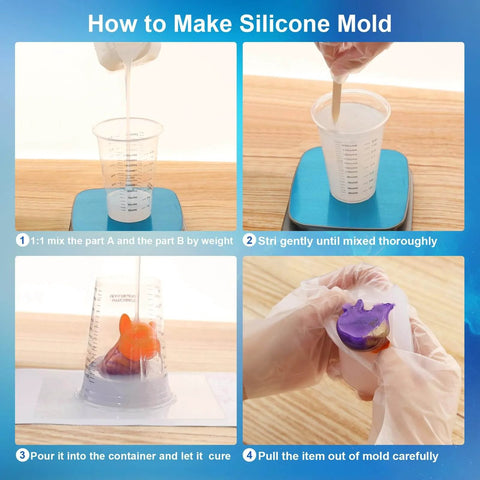 Steps showing how to use 64 Oz Silicone Mold Making Kit With Platinum Cure Liquid Silicone for crafting and molding projects