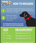 Instruction chart on measuring neck size for Puppy Bumpers, showing steps for accurate sizing and a silhouette of a dog.