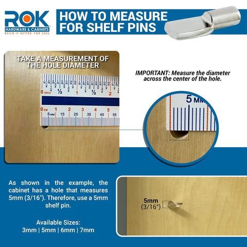 Measurement guide for cabinet shelf pin hole diameter with ruler diagram for Twenty Five Pack One Eighth Inch Spoon Shaped Cabinet Shelf Pins Heavy Duty Metal With Nickel Finish Easy Hand Install Without Tools for Strong Secure Shelf Support Pegs