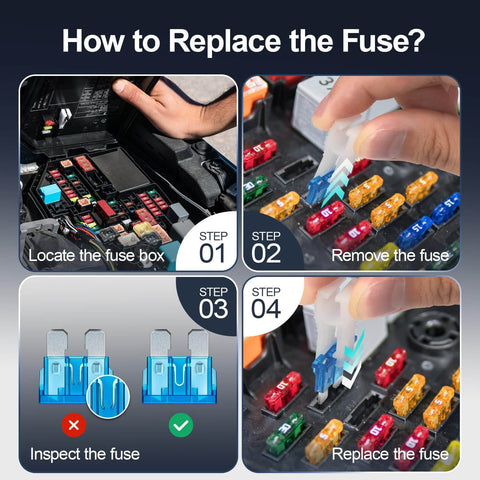 Steps to replace fuse using All In One Car Fuse Set With 300 Pieces Including 160 Mini Blade Fuses, 90 Standard Auto Fuses And 50 Micro Fuses