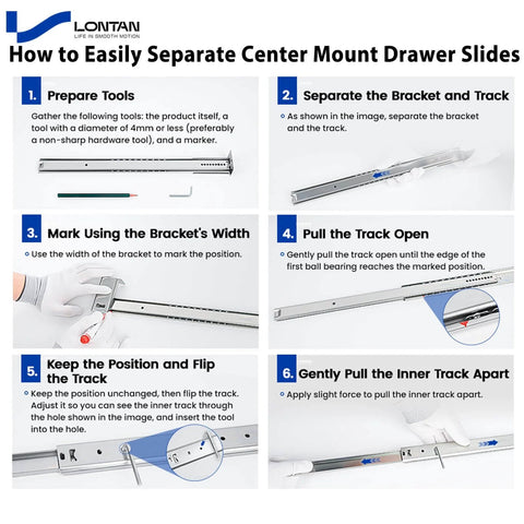 Step-by-step guide on separating Center Mount Drawer Slides Bottom Mount for Cabinet and Dresser 14 Inch Heavy Duty Drawer Rails 9.74" Extension Glide Track.