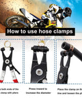 How to use hose clamps with pliers, motorcycle background, demonstrating clamping and adjusting process for hose fittings.