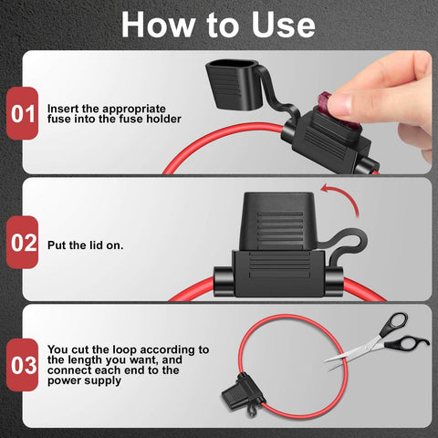 3-step installation guide for 2 Pack 12 AWG Inline Fuse Holders With Waterproof Cap For 11.8 Inch 12V ATC ATO Blade Fuses 15A 20A 25A 30A 40A Ideal For Marine Golf Cart Lighting Circuits Auto RV Wiring