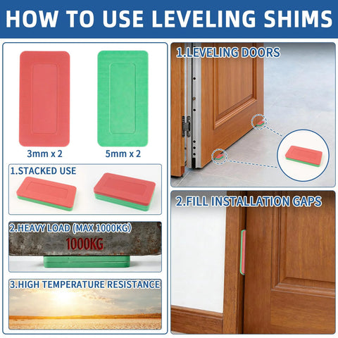 Step-by-step guide for using leveling shims to align doors, fill gaps, and support heavy loads, demonstrating stacking and temperature resistance.