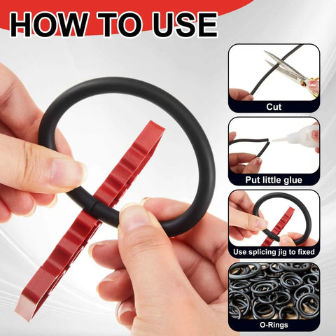 Buna N All In One O Ring Splicing Kit With 70A Nitrile Rubber O Ring Cord Kit Including 9 Sizes Rubber Strips Cutting Block Knife Glue Clamp Gloves For Automotive Hydraulic Plumbing Scuba Repair, showing how to cut and glue O-rings using splicing jig.
