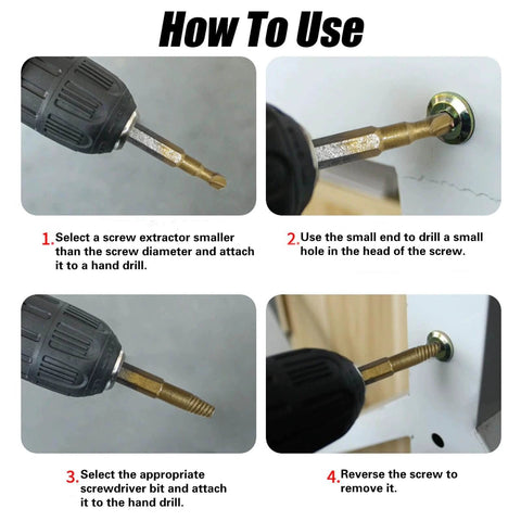 Instructions for using the Titanium Damaged Screw Extractor Set: 22 PCS Easy Out Screw Extractor Kit for removing stripped screws.