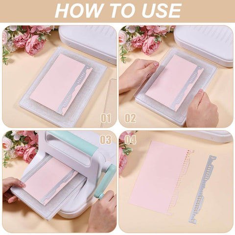 Step-by-step use of Vintage Torn Edge Label Cutting Dies Set for Scrapbooking with embossing machine and pink paper.