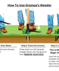Illustration showing steps to use Stand Up Weed Puller With Long 45 Inch Handle And Four Claw Steel Head Made From Real Bamboo Back And Knee Friendly Weeding Tool Easily Remove Weeds Without Bending Kneeling Or Pulling Classic 1913 Design.