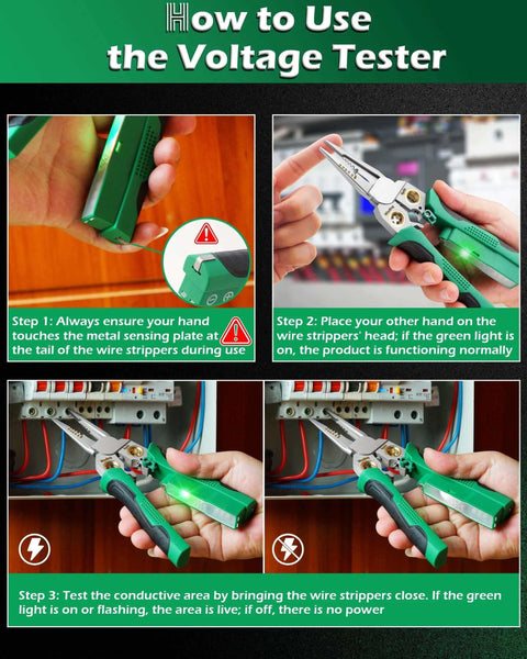 Steps to use the 8 In 1 Wire Stripper With Voltage Tester For 10-18 AWG Wires, showing tool in hand and testing on electrical panel.