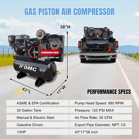 Front view of HPDMC 13HP Gas Powered Air Compressor, 3-Cylinder, 30 Gallon Horizontal Tank, Piston Pump Air Compressed System (125 PSI @ 44 CFM).