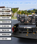HPDMC 13HP Gas Powered Air Compressor, 3-Cylinder, 30 Gallon Horizontal Tank, Piston Pump Air Compressed System installed in truck bed.