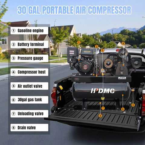 HPDMC 13HP Gas Powered Air Compressor, 3-Cylinder, 30 Gallon Horizontal Tank, Piston Pump Air Compressed System installed in truck bed.