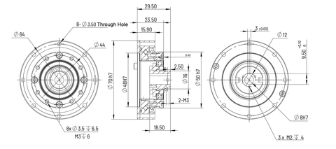 HS-14 Strain Wave Gear Reducer, 70mm Harmonic Drive Gear Ratio 100:1 technical drawing with dimensions.