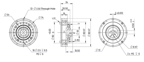 HS-17 Strain Wave Gear Reducer, 80mm Harmonic Drive Gear Ratio 30:1 detailed technical drawing with dimensions and specifications
