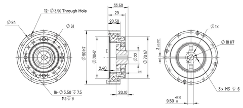 HS-20 Strain Wave Gear Reducer, 90mm Harmonic Drive Gear Ratio 30:1 technical drawing diagram with dimensions.