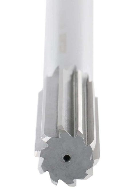 Close-up of Seven Eighth Inch HSS Chucking Reamer With Straight Shank And Straight Flute Length Two And Five Eighths Inch Overall Length Ten Inches Right Hand Cut Eight Flutes M2 High Speed Steel Model 50150245